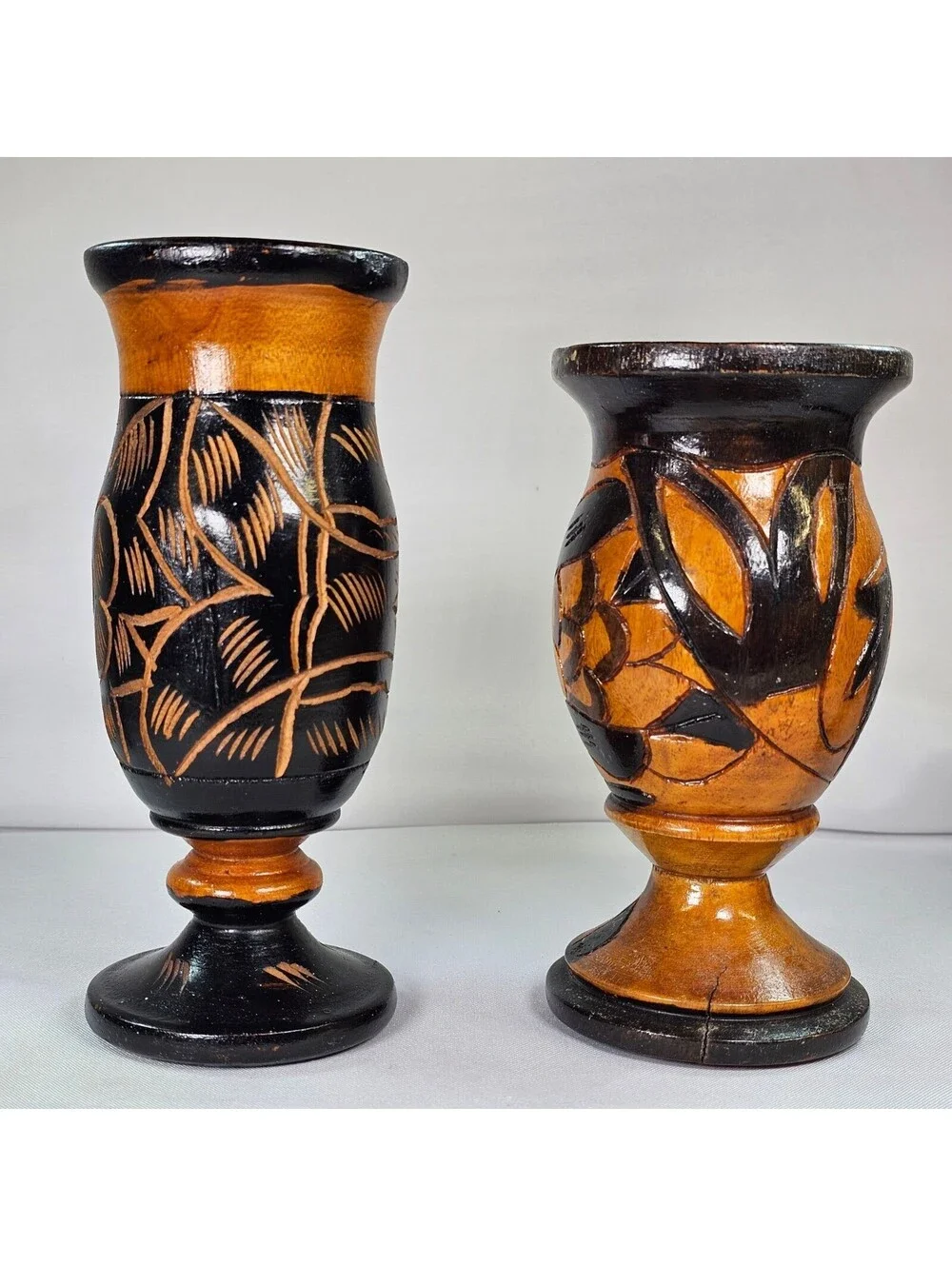 Vintage Hand Carved Wooden Vases Set of 2 Floral Etched Two Tone Black Natural